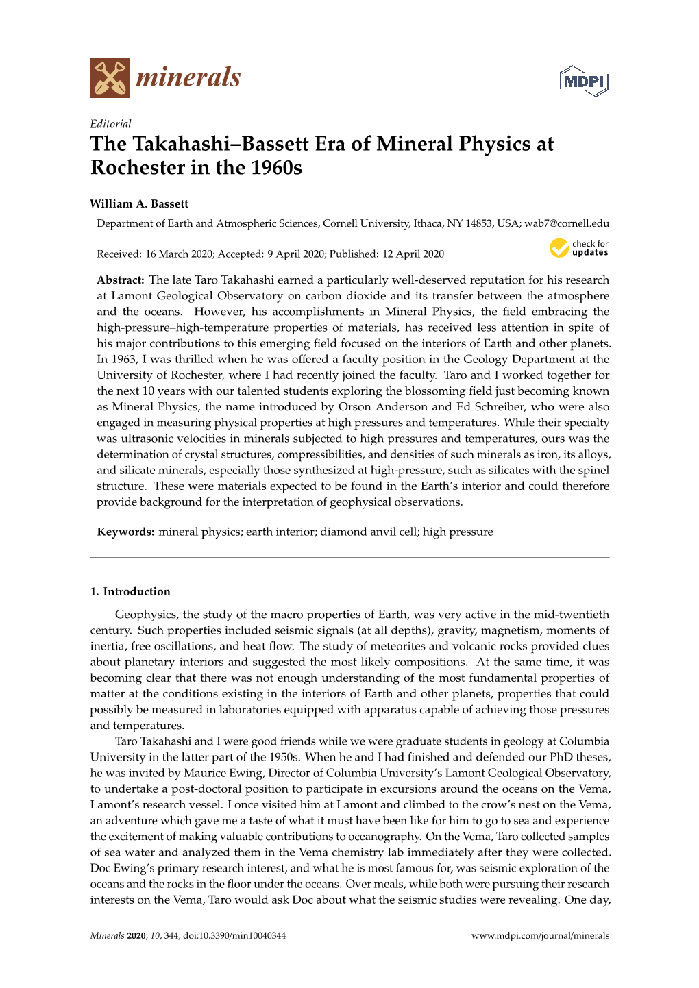 The Takahashi–Bassett Era of Mineral Physics at Rochester in the 1960S