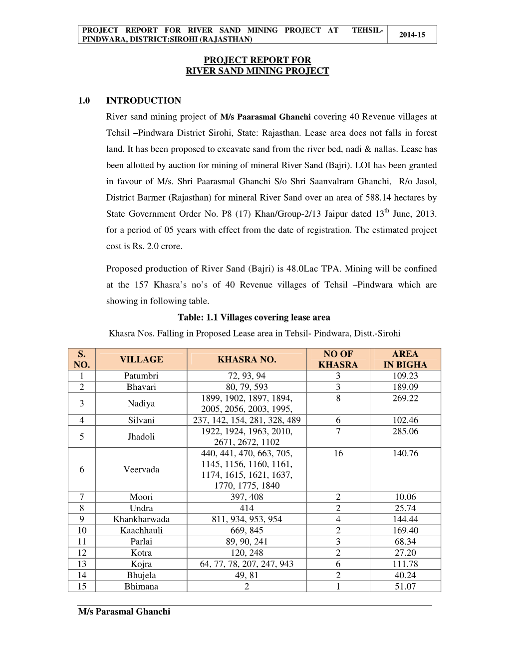 M/S Parasmal Ghanchi PROJECT REPORT for RIVER SAND MINING PROJECT at TEHSIL- 2014-15 PINDWARA, DISTRICT:SIROHI (RAJASTHAN)