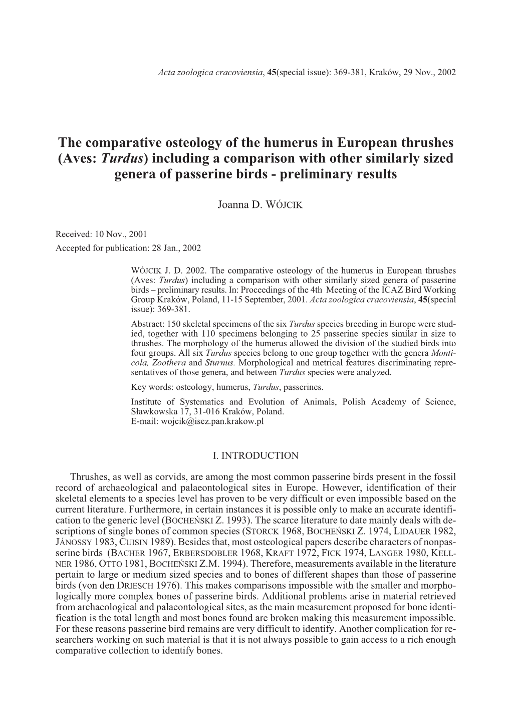 The Comparative Osteology of the Humerus in European Thrushes