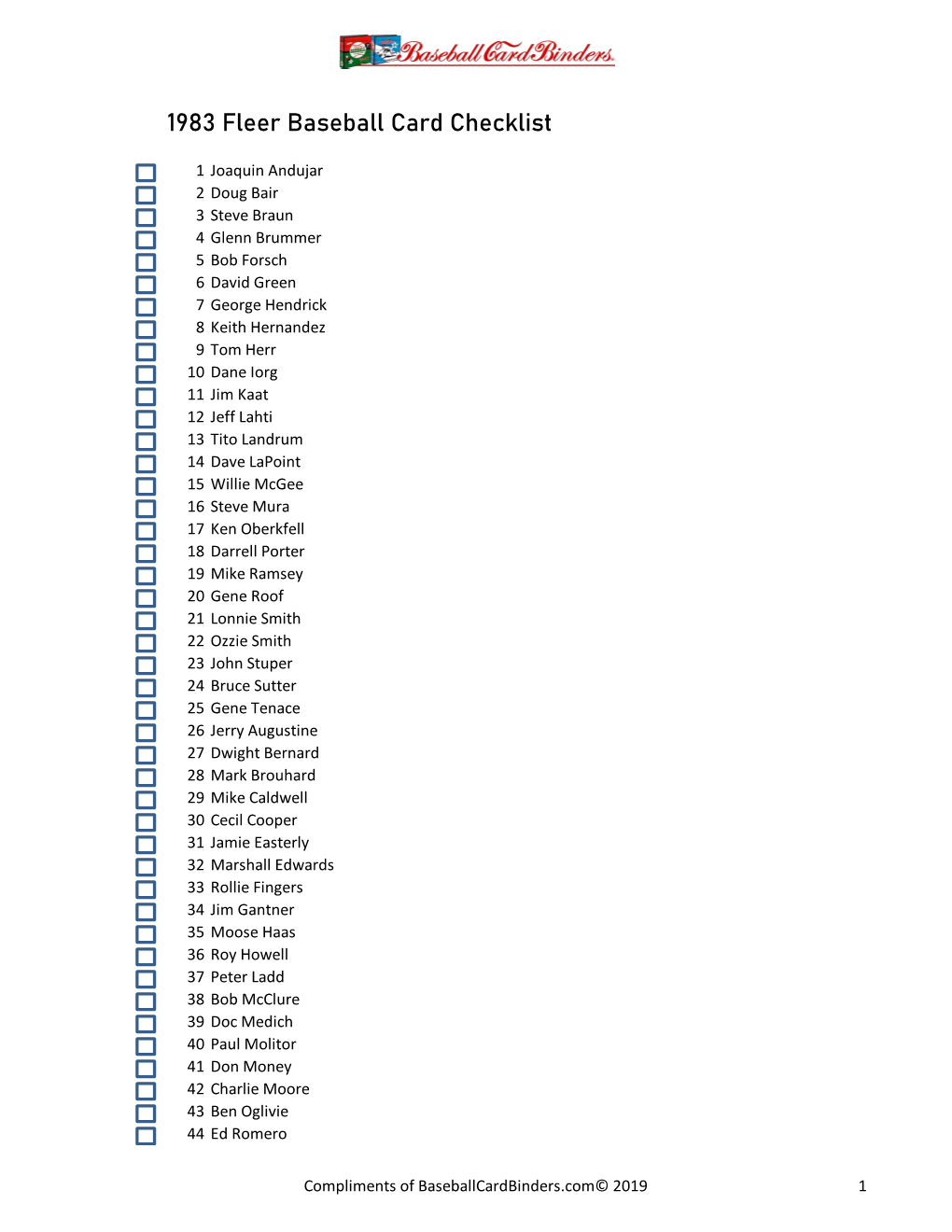 1983 Fleer Baseball Card Checklist