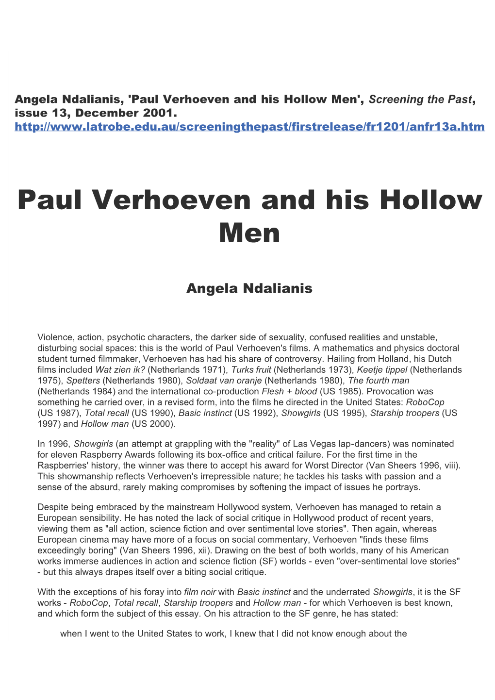 Paul Verhoeven and His Hollow Men', Screening the Past, Issue 13, December 2001