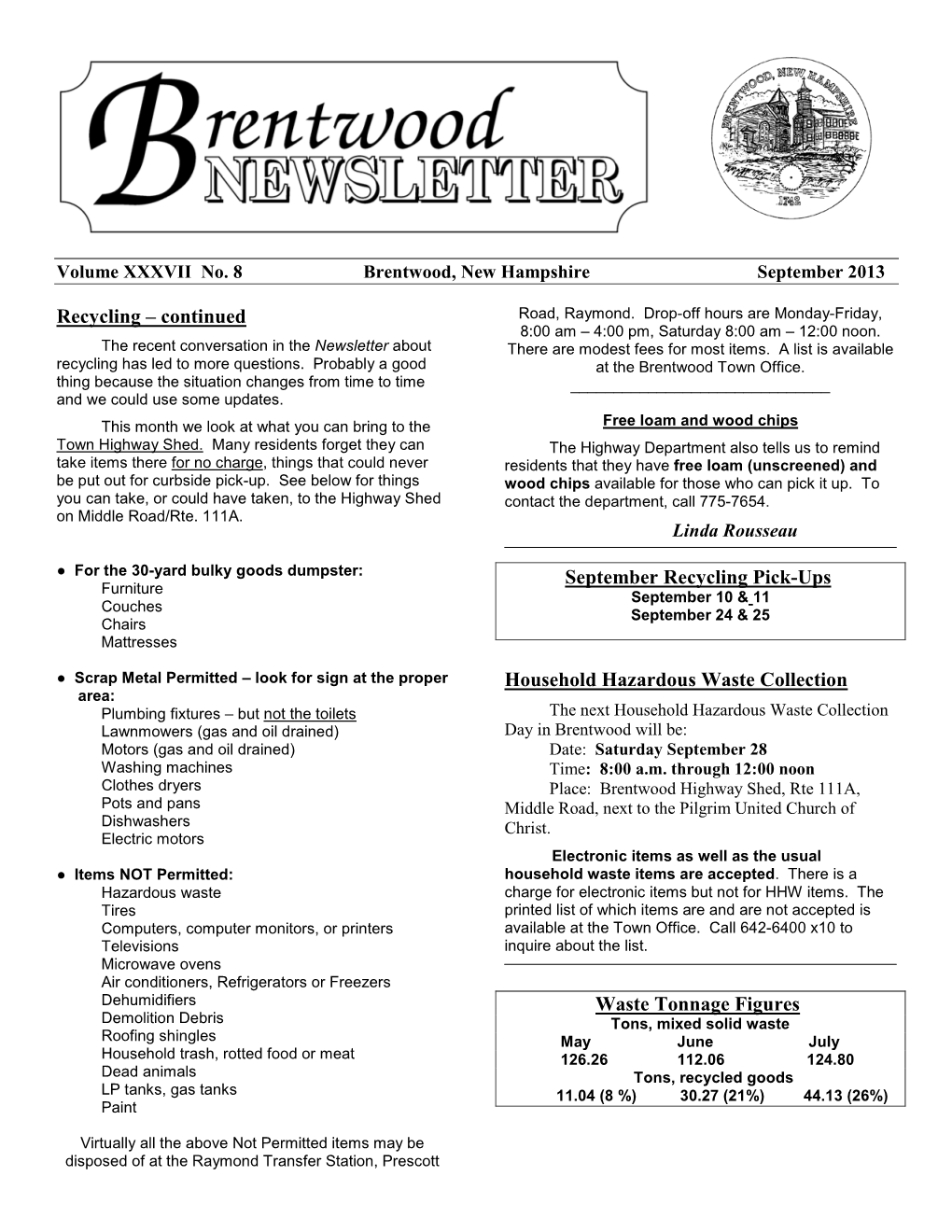 Continued September Recycling Pick-Ups Household Hazardous