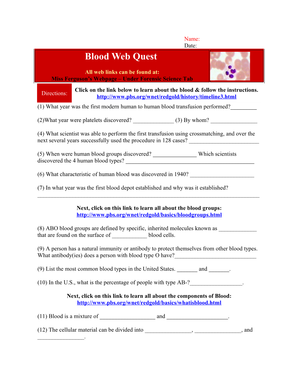 Physiology: Blood Web Quest