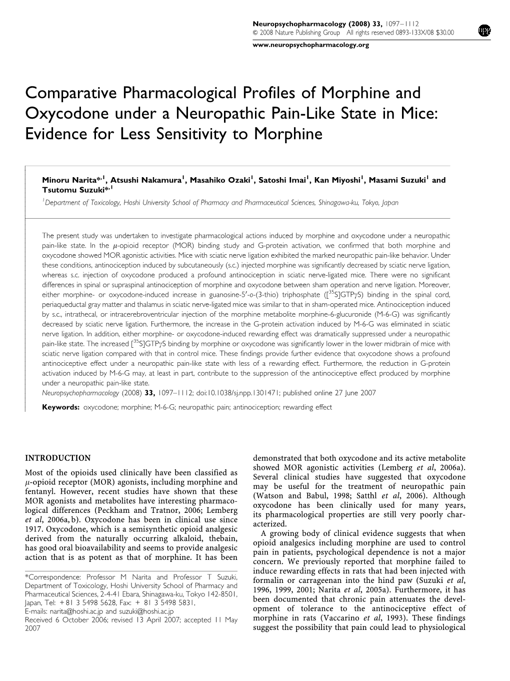 Comparative Pharmacological Profiles of Morphine and Oxycodone Under a Neuropathic Pain-Like State in Mice: Evidence for Less Sensitivity to Morphine