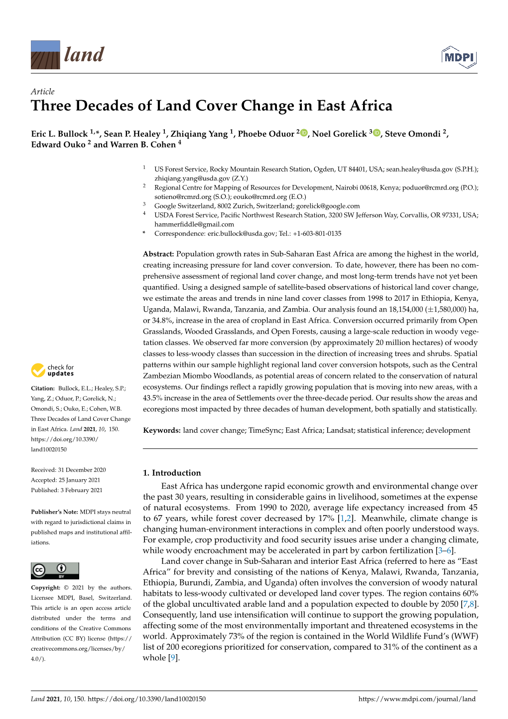 Three Decades of Land Cover Change in East Africa