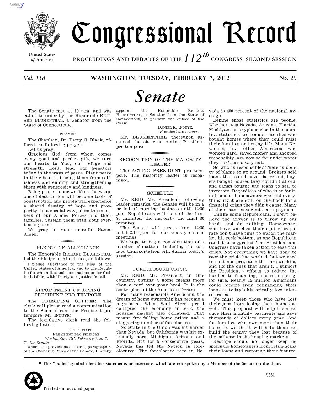 Congressional Record United States Th of America PROCEEDINGS and DEBATES of the 112 CONGRESS, SECOND SESSION