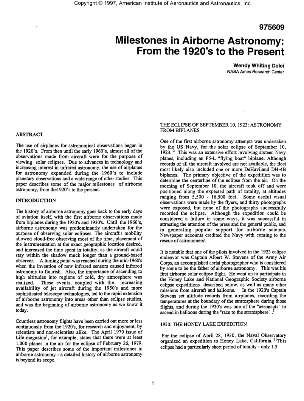 Milestones in Airborne Astronomy: Fro 1920'E Presene Mth Th O St T