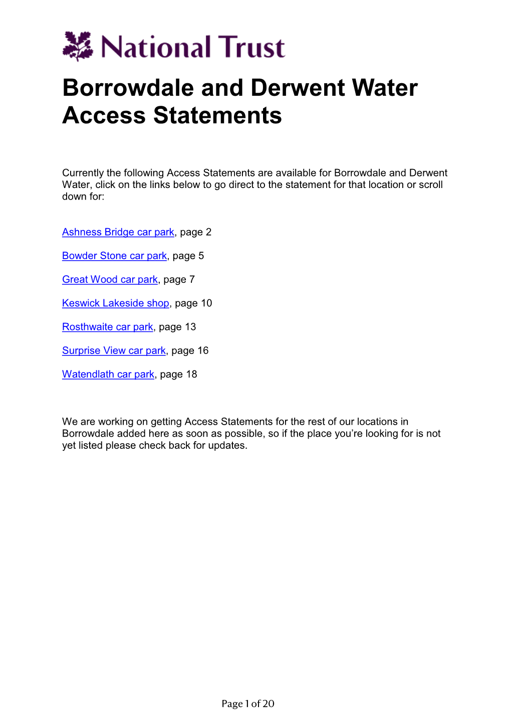 Borrowdale and Derwent Water Access Statements