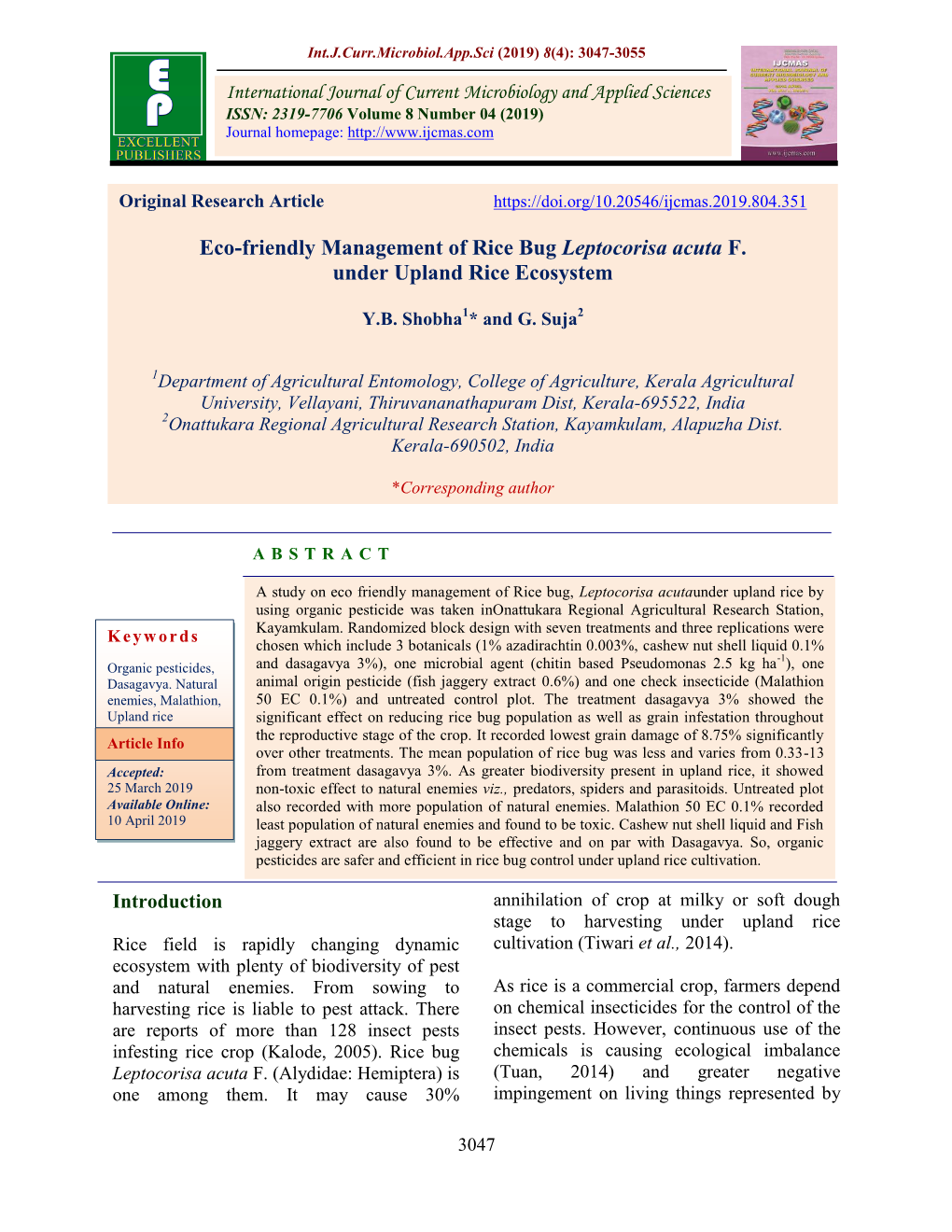 Eco-Friendly Management of Rice Bug Leptocorisa Acuta F. Under Upland Rice Ecosystem