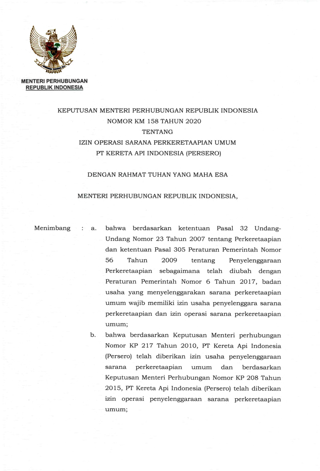 Keputusan Menteri Perhubungan Republik Indonesia Nomor Km 158 Tahun 2020 Tentang Izin Operasi Sarana Perkeretaapian Umum Pt Kereta Api Indonesia (Persero)