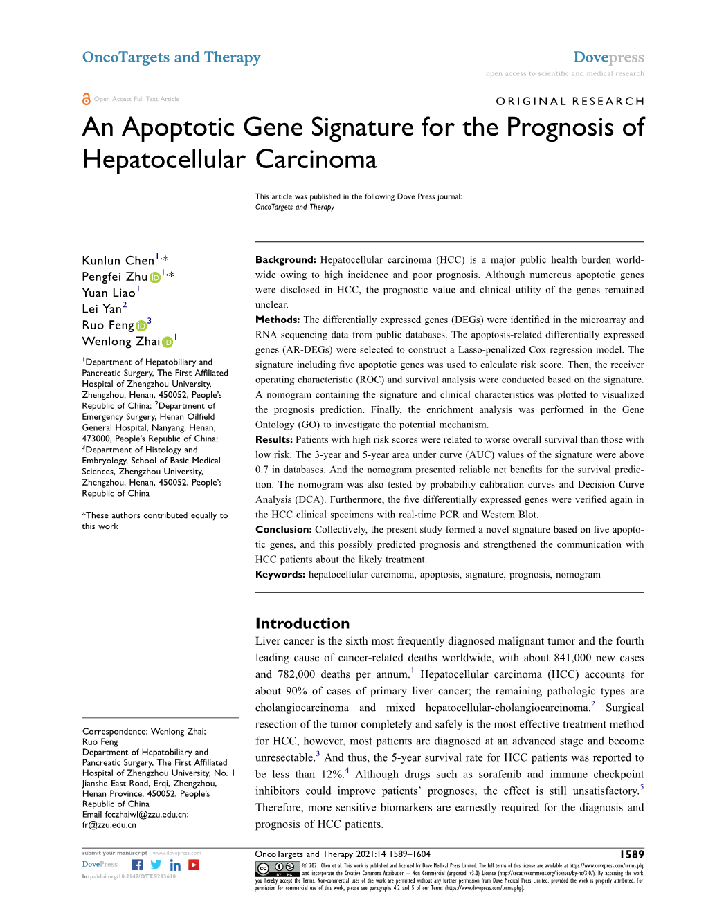 An Apoptotic Gene Signature for the Prognosis of Hepatocellular Carcinoma