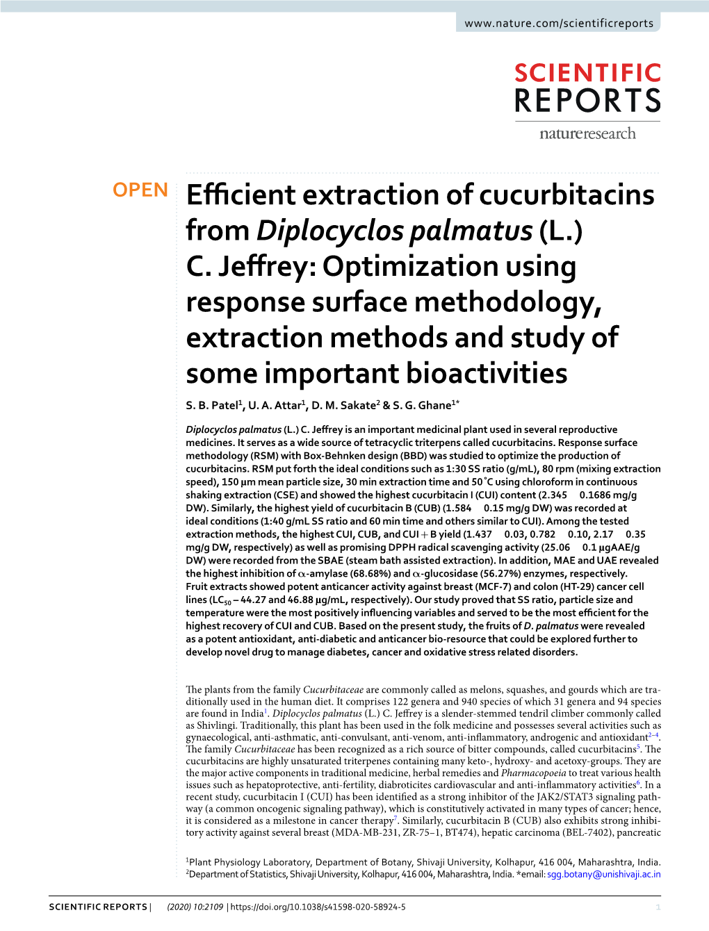 Efficient Extraction of Cucurbitacins from Diplocyclos Palmatus