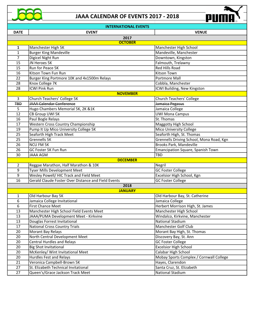 Jaaa Calendar of Events 2017 - 2018