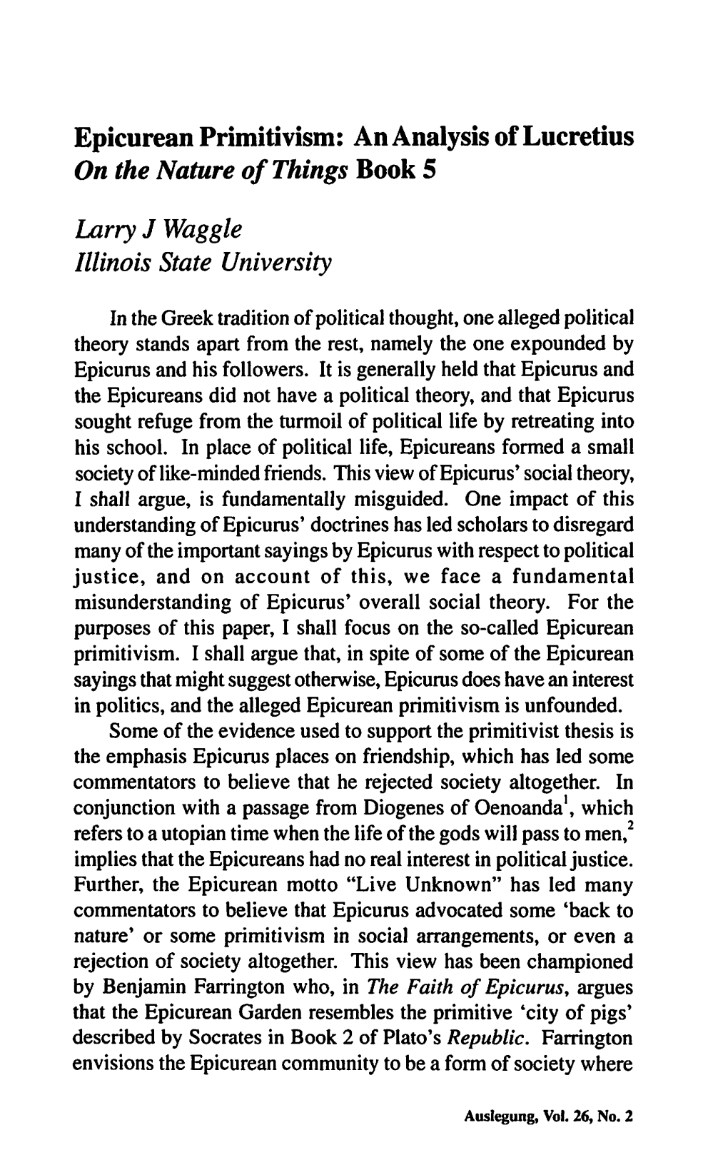 Epicurean Primitivism: an Analysis of Lucretius on the Nature of Things Book 5