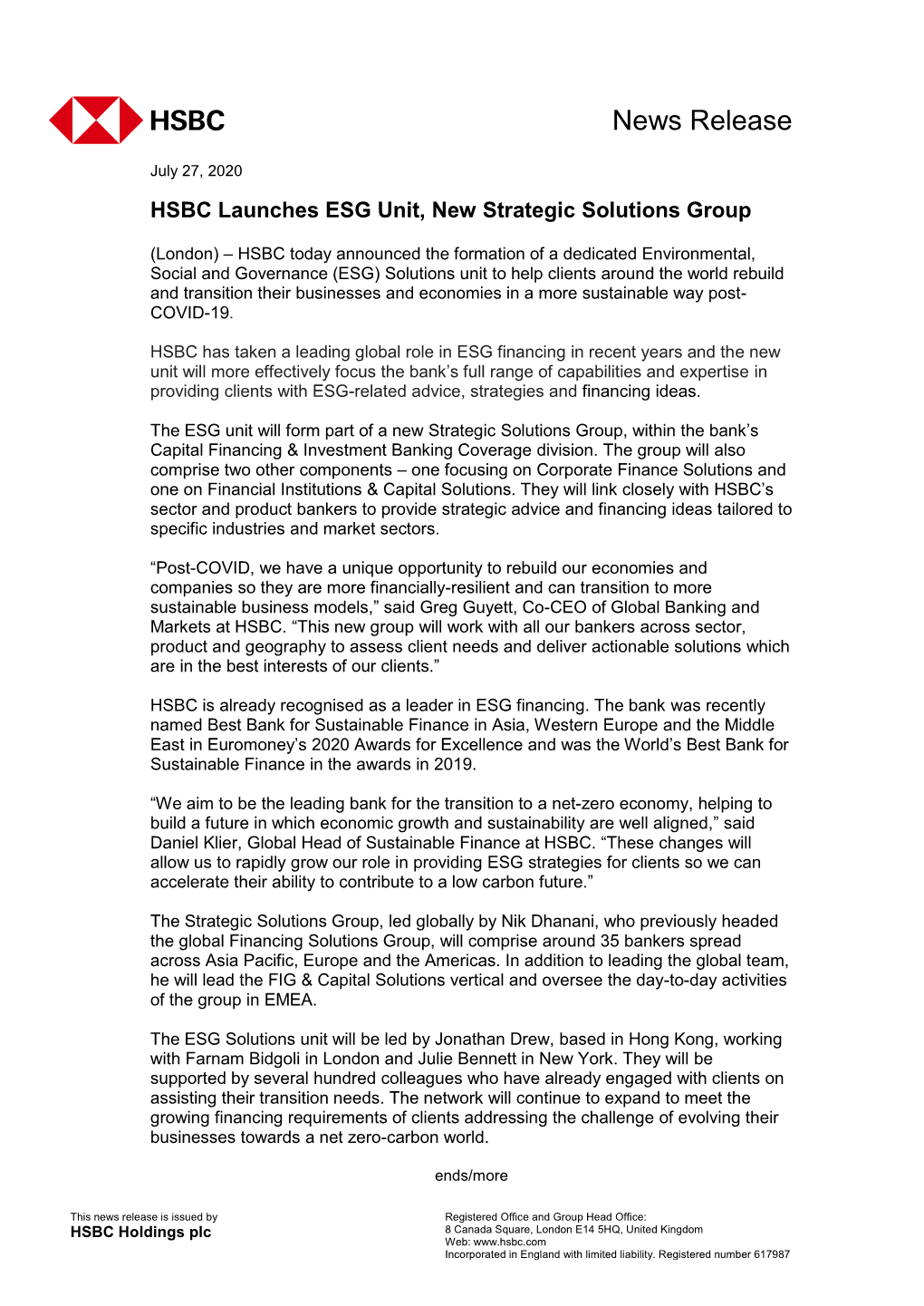 HSBC Launches ESG Unit, New Strategic Solutions Group