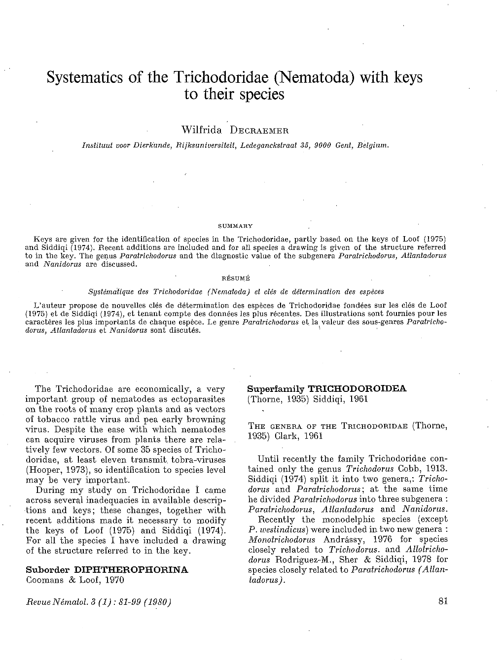 Systematics of the Trichodoridae (Nematoda) with Keys to Their Species