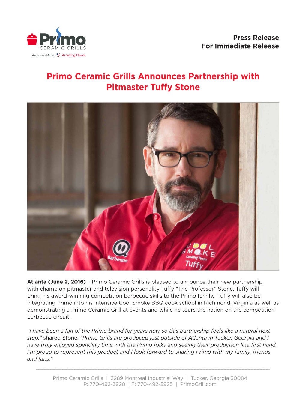 Primo Ceramic Grills Announces Partnership with Pitmaster Tuffy Stone