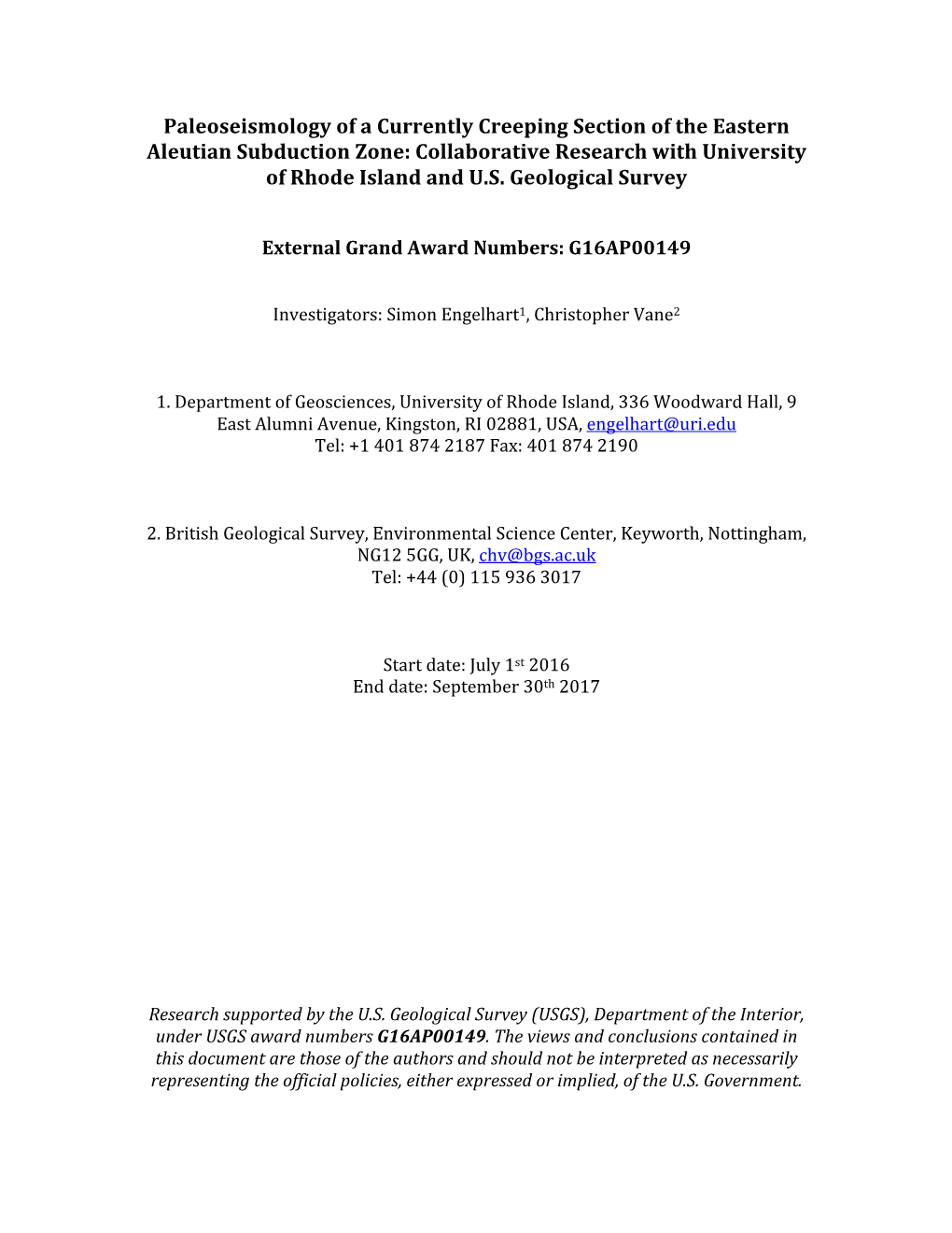 Paleoseismology of a Currently Creeping Section of the Eastern Aleutian Subduction Zone: Collaborative Research with University of Rhode Island and U.S