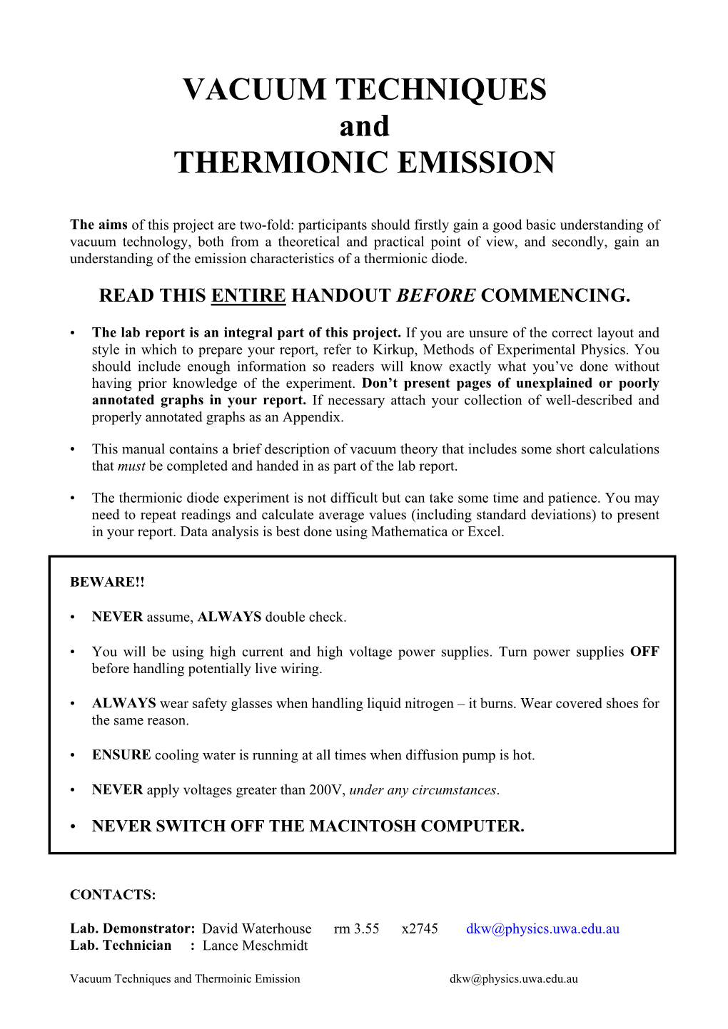 VACUUM TECHNIQUES and THERMIONIC EMISSION