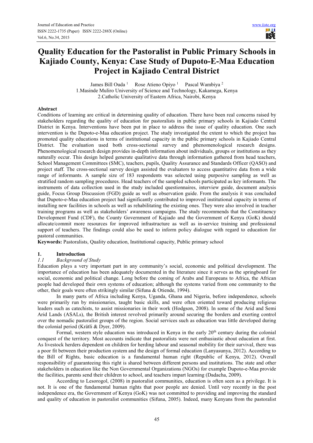 Quality Education for the Pastoralist in Public Primary Schools in Kajiado County, Kenya: Case Study of Dupoto-E-Maa Education Project in Kajiado Central District