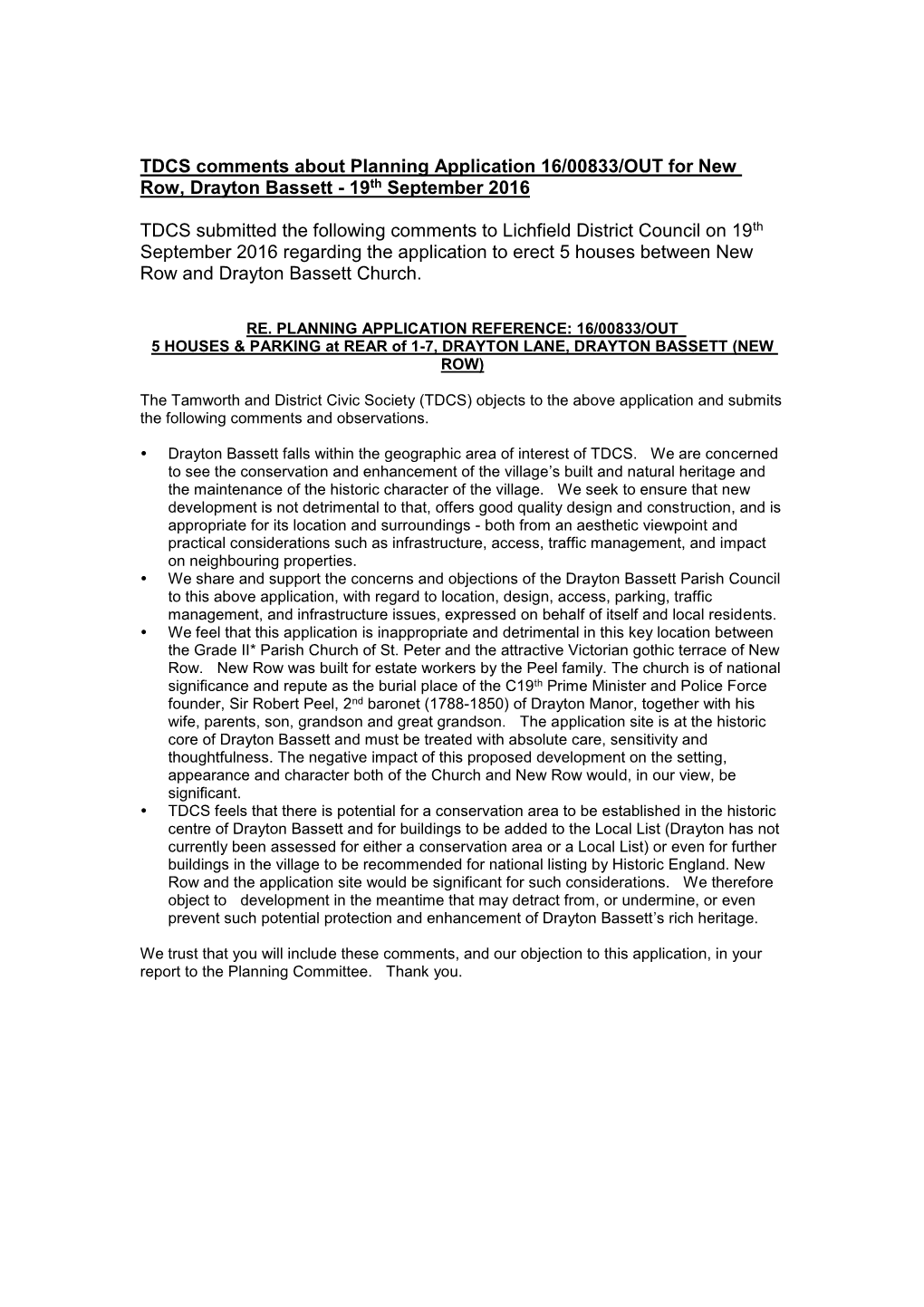 TDCS Comments About Planning Application 16/00833/OUT for New Row, Drayton Bassett - 19Th September 2016