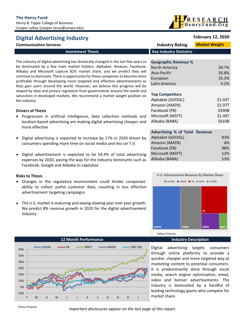 Digital Advertising Industry February 12, 2020 Communication Services Industry Rating Market Weight Investment Thesis Key Industry Statistics