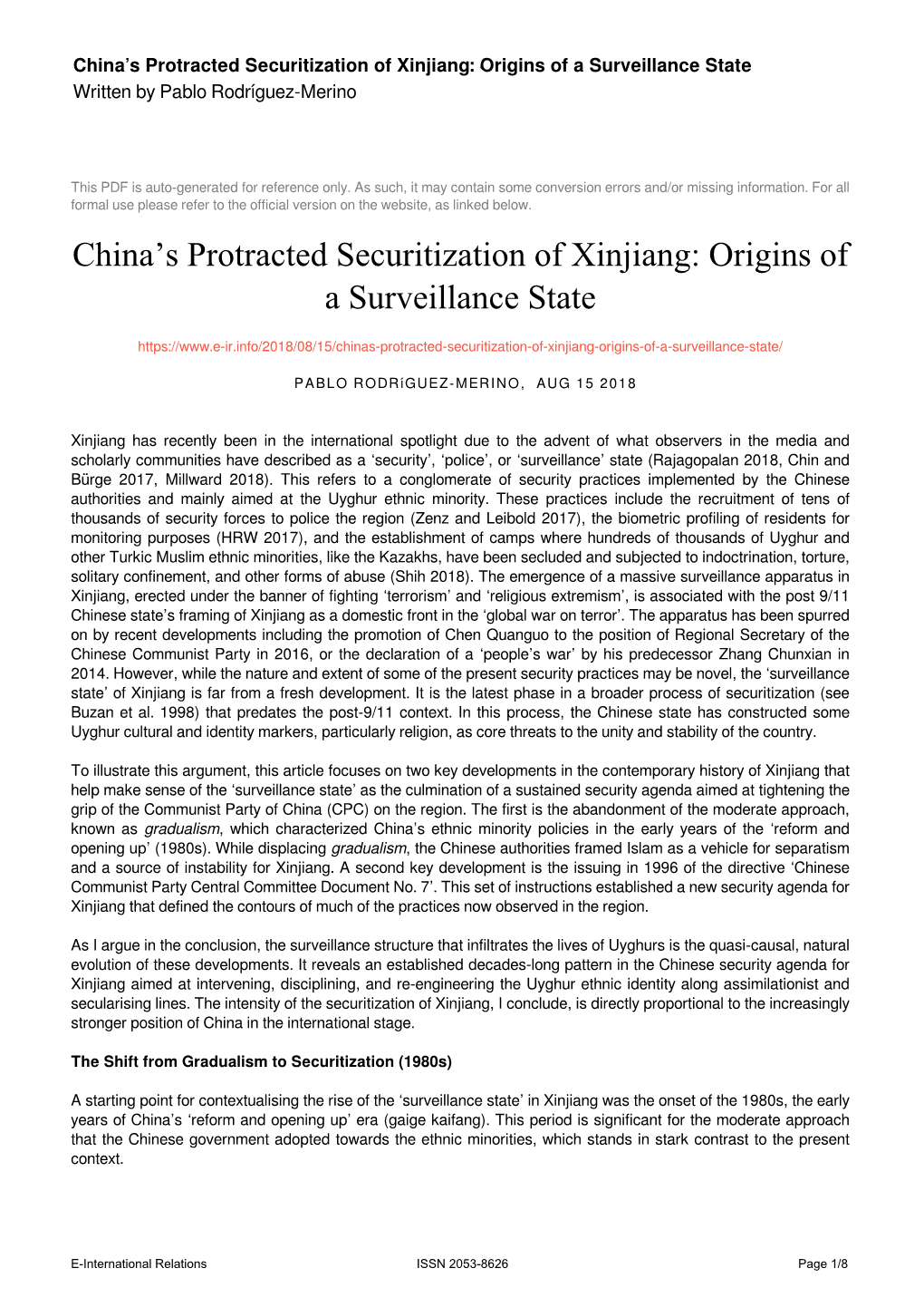 China's Protracted Securitization of Xinjiang: Origins of a Surveillance