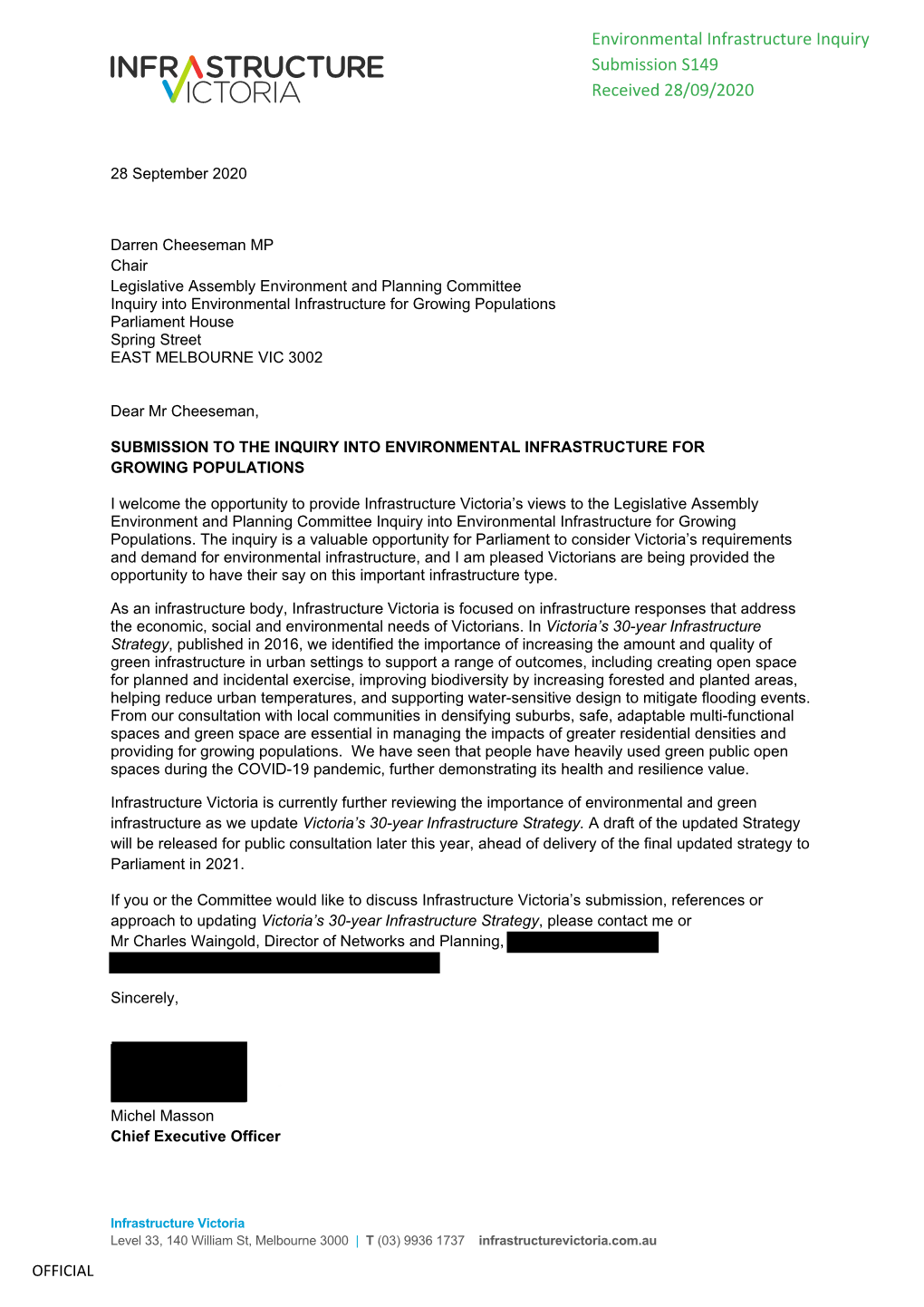 Environmental Infrastructure Inquiry Submission S149 Received 28/09/2020