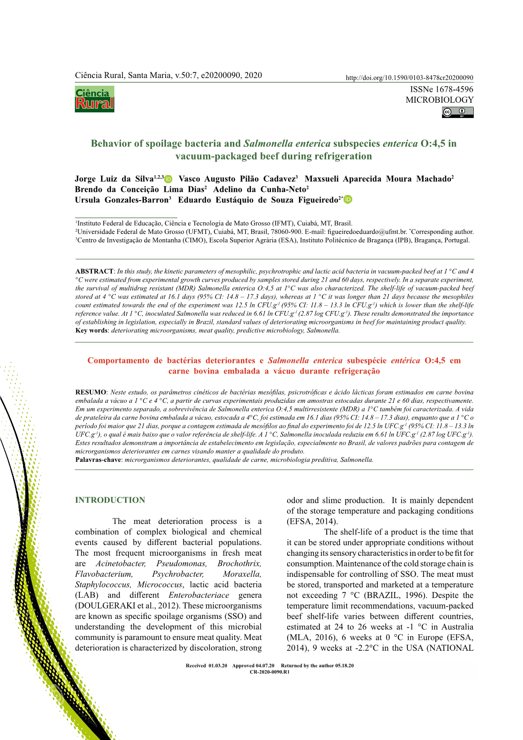 Behavior of Spoilage Bacteria and Salmonella Enterica Subspecies Enterica O:4,5 in Vacuum-Packaged Beef During Refrigeration