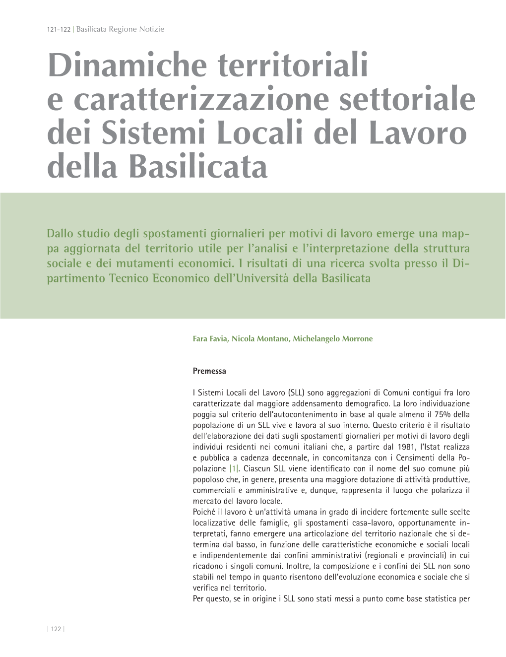 Dinamiche Territoriali E Caratterizzazione Settoriale Dei Sistemi Locali Del Lavoro Della Basilicata