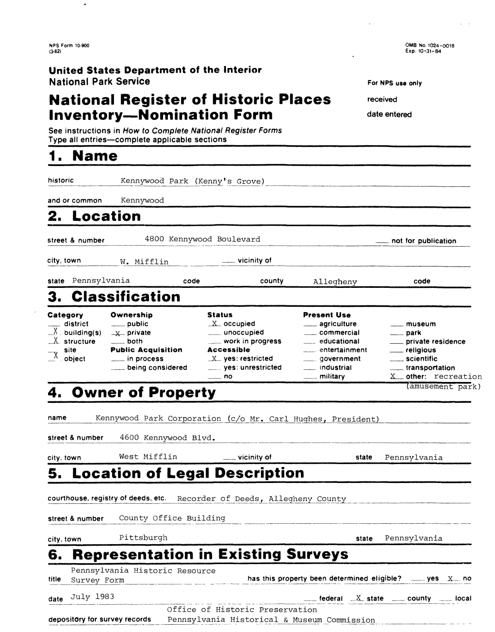 National Register of Historic Places Inventory Nomination Form Date