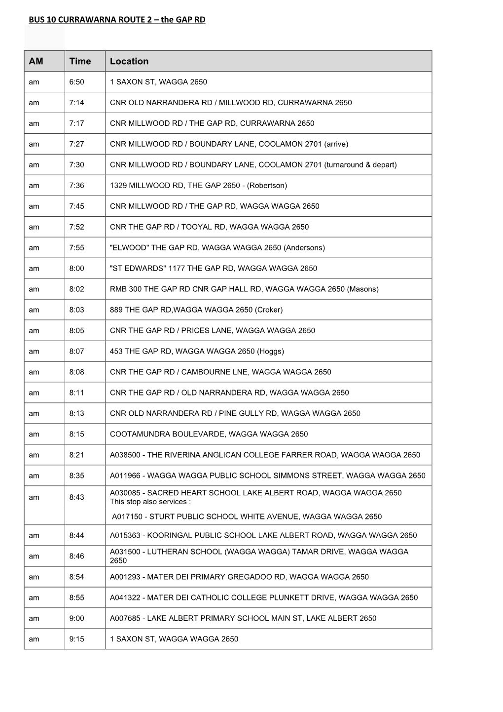 BUS 10 CURRAWARNA ROUTE 2 – the GAP RD AM Time Location