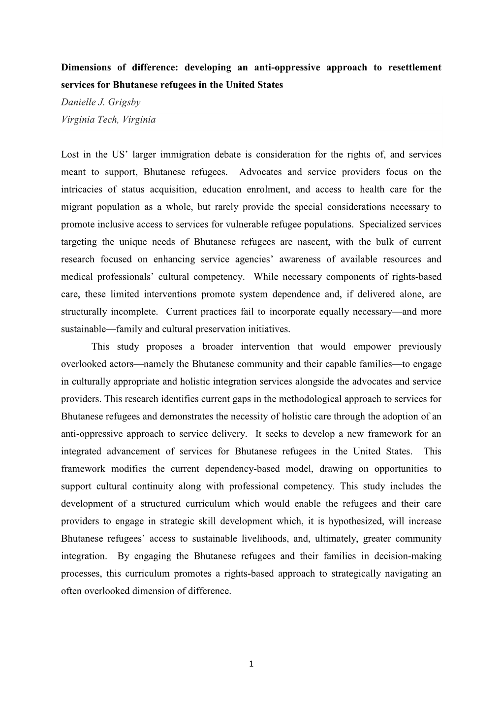 Dimensions of Difference: Developing an Anti-Oppressive Approach to Resettlement Services for Bhutanese Refugees in the United States Danielle J