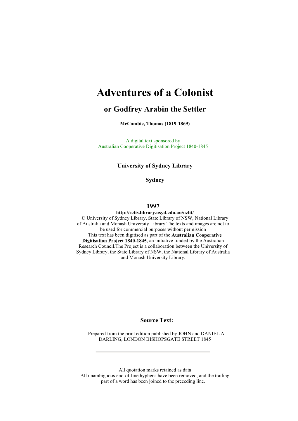 Adventures of a Colonist Or Godfrey Arabin the Settler