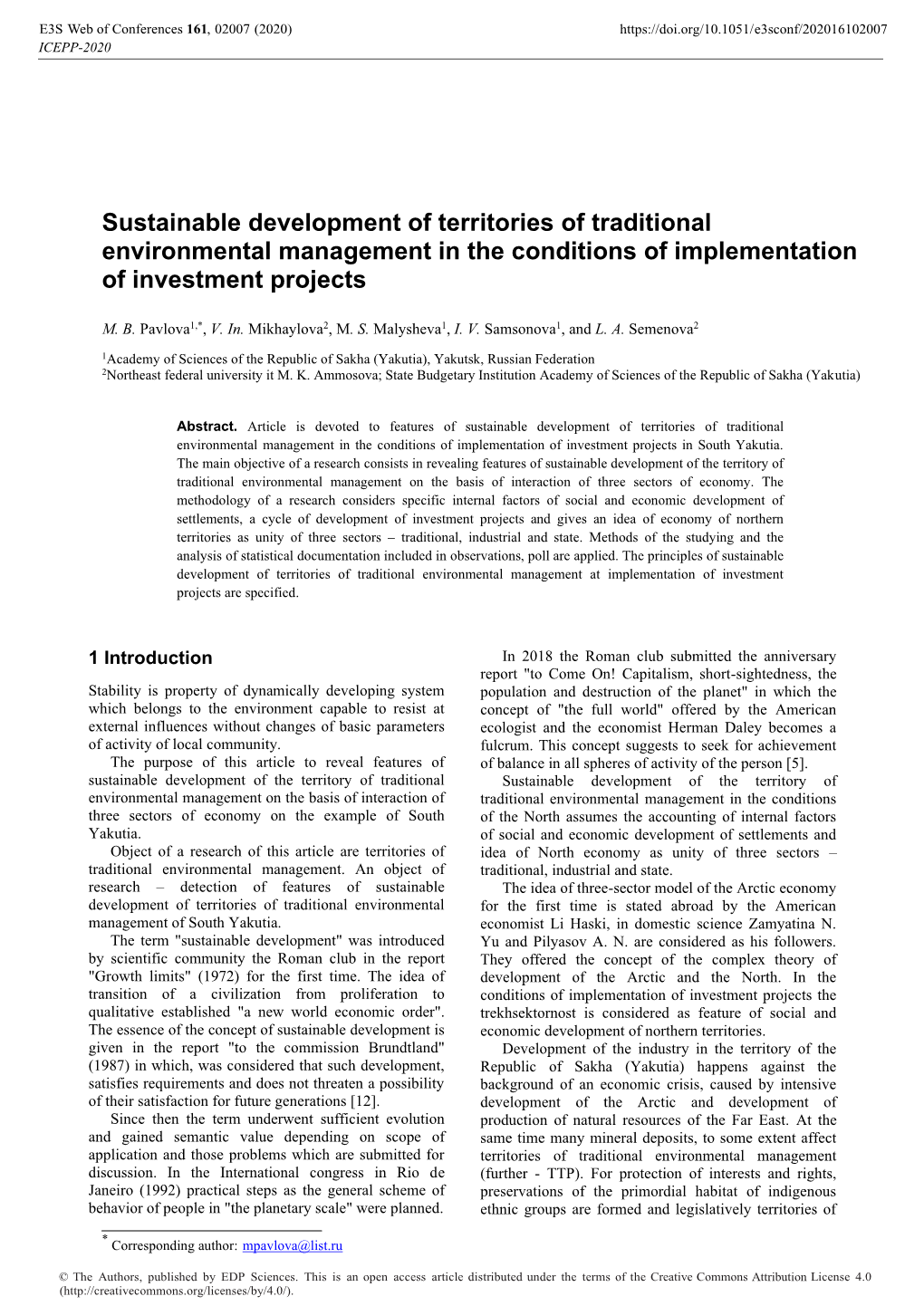 Sustainable Development of Territories of Traditional Environmental Management in the Conditions of Implementation of Investment Projects