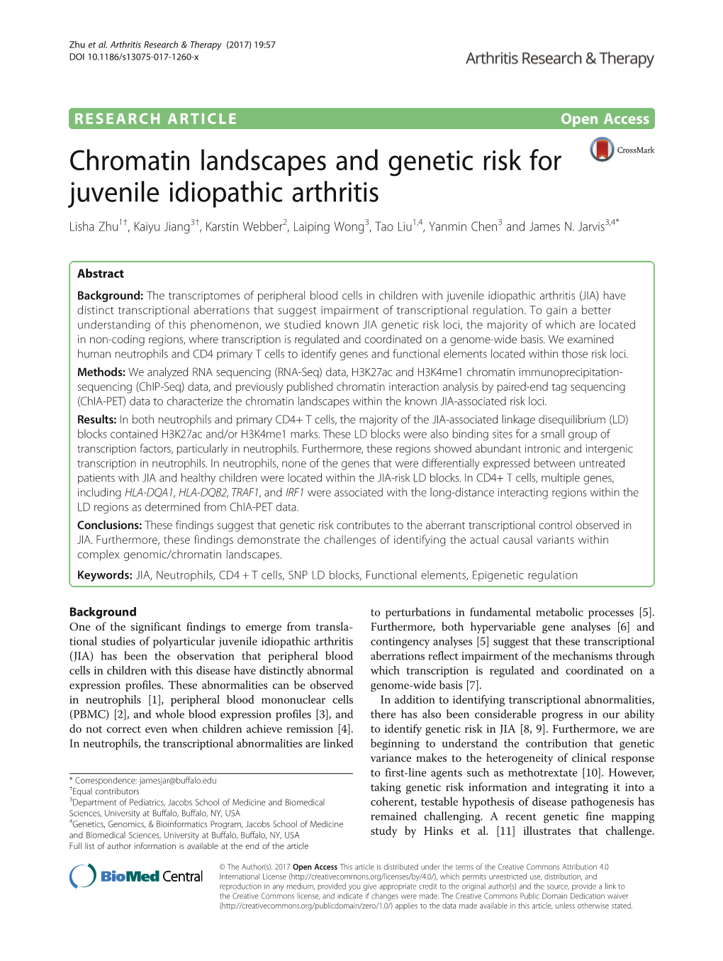 Chromatin Landscapes and Genetic Risk for Juvenile Idiopathic Arthritis