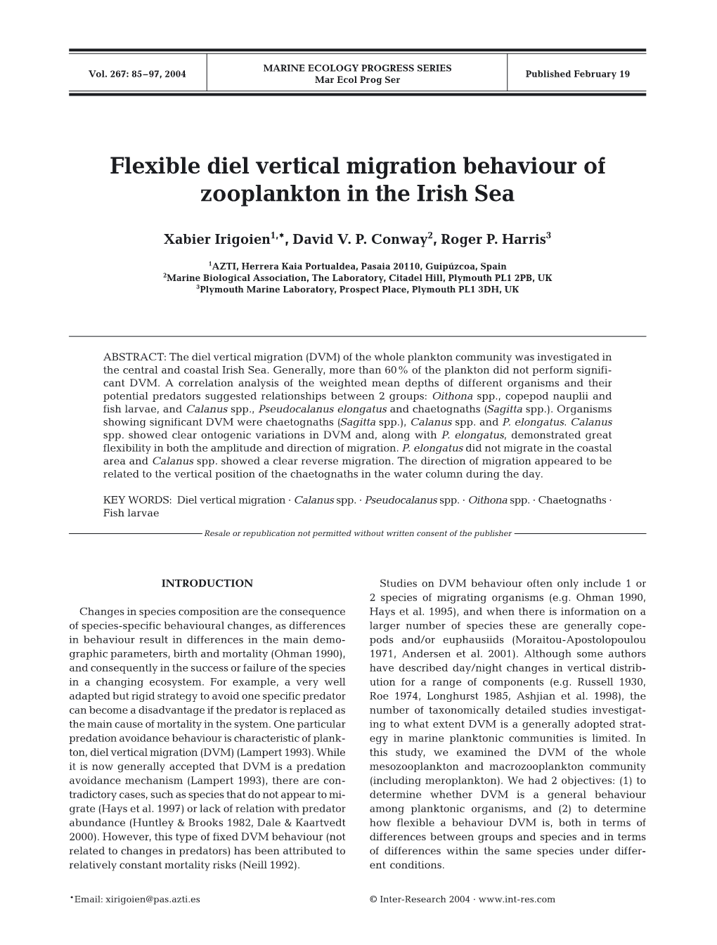 Flexible Diel Vertical Migration Behaviour of Zooplankton in the Irish Sea