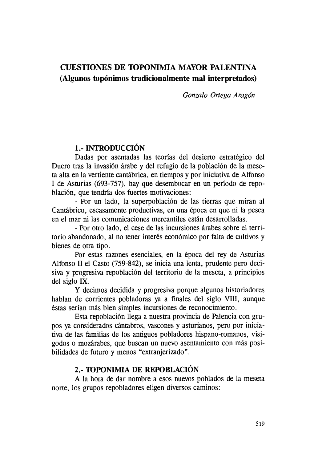 CUESTIONES DE TOPONIMIA MAYOR PALENTINA (Algunos Topónimos Tradicionalmente Mal Interpretados)