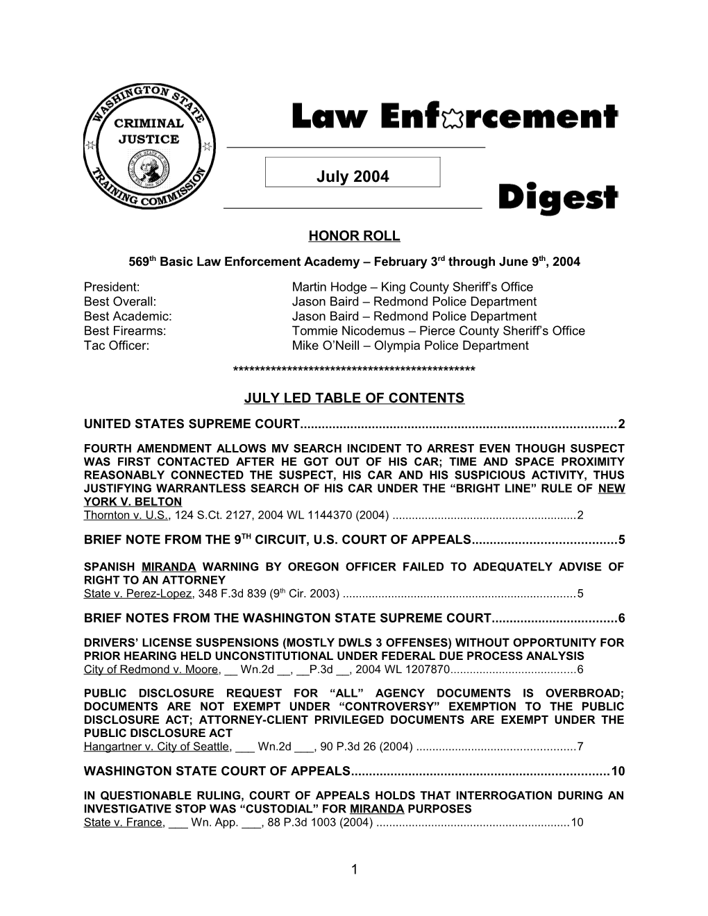 569Th Basic Law Enforcement Academy February 3Rd Through June 9Th, 2004