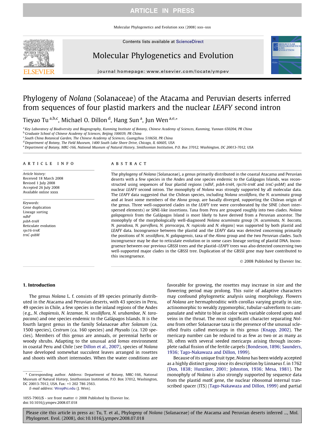 Phylogeny of Nolana (Solanaceae) of the Atacama and Peruvian Deserts Inferred from Sequences of Four Plastid Markers and the Nuclear LEAFY Second Intron