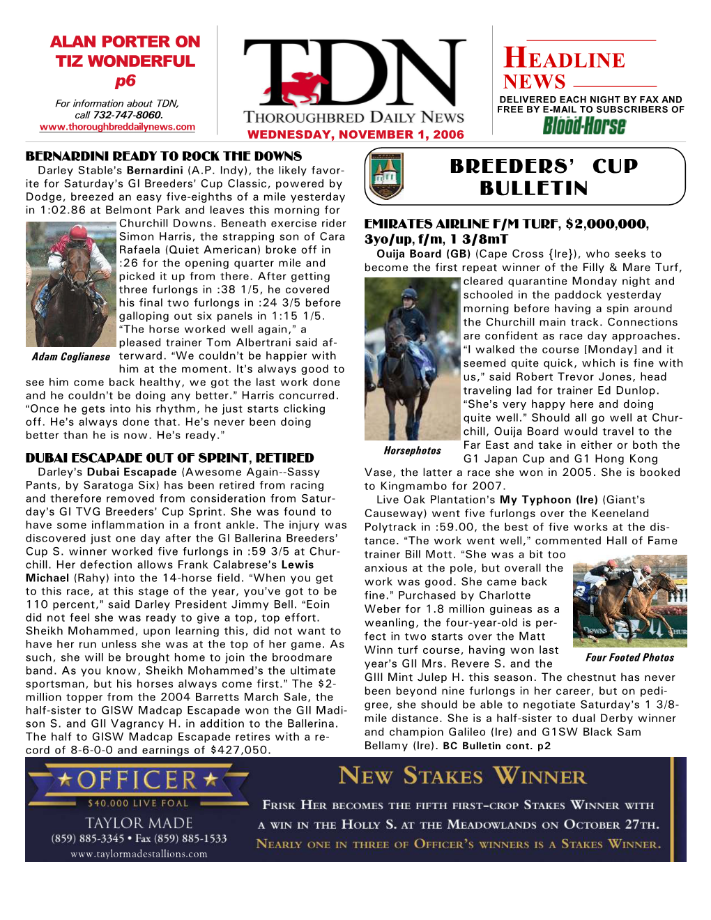 Breeders' Cup Bulletin Headline News