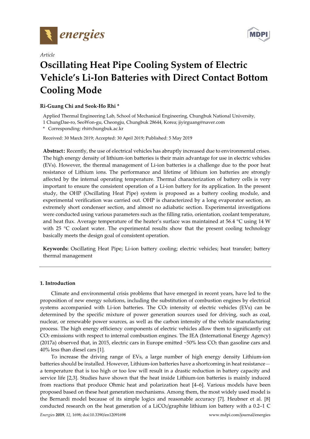 Oscillating Heat Pipe Cooling System of Electric Vehicle's Li-Ion Batteries