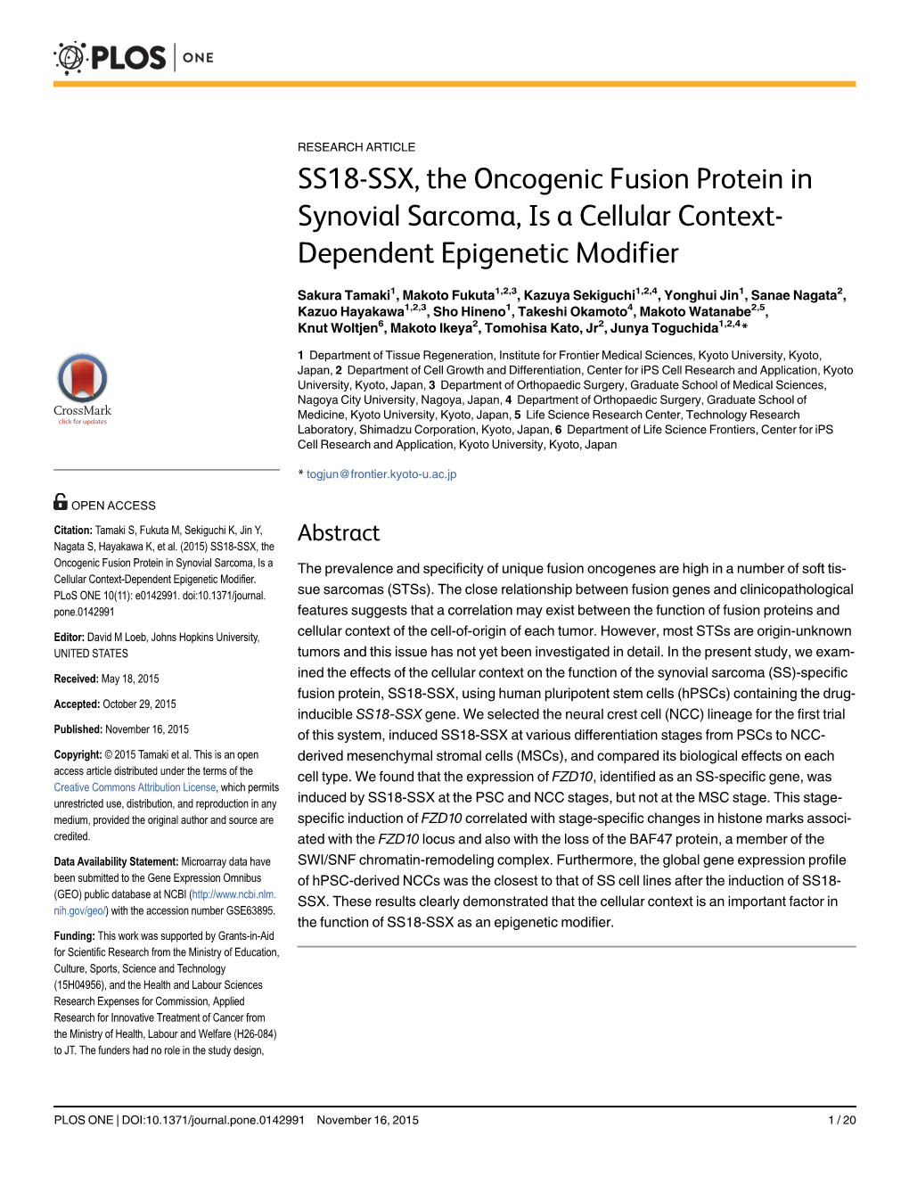 SS18-SSX, the Oncogenic Fusion Protein in Synovial Sarcoma, Is a Cellular Context- Dependent Epigenetic Modifier