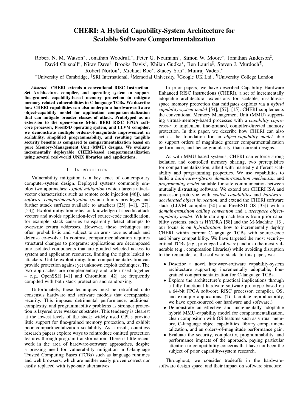 CHERI: a Hybrid Capability-System Architecture for Scalable Software Compartmentalization