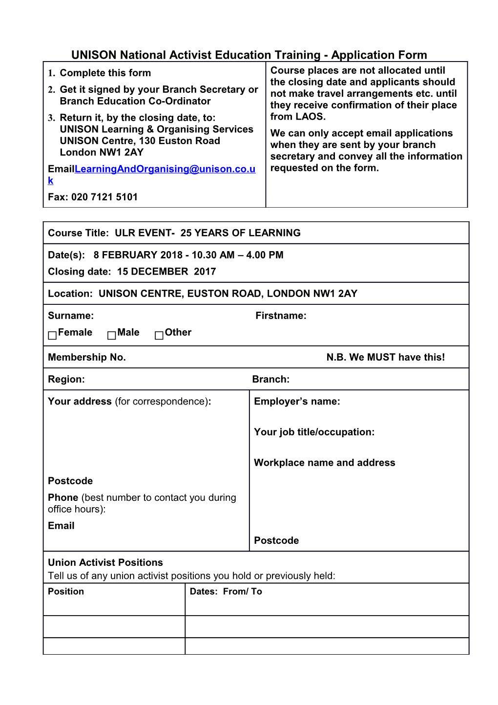 Ulr Event Application Form