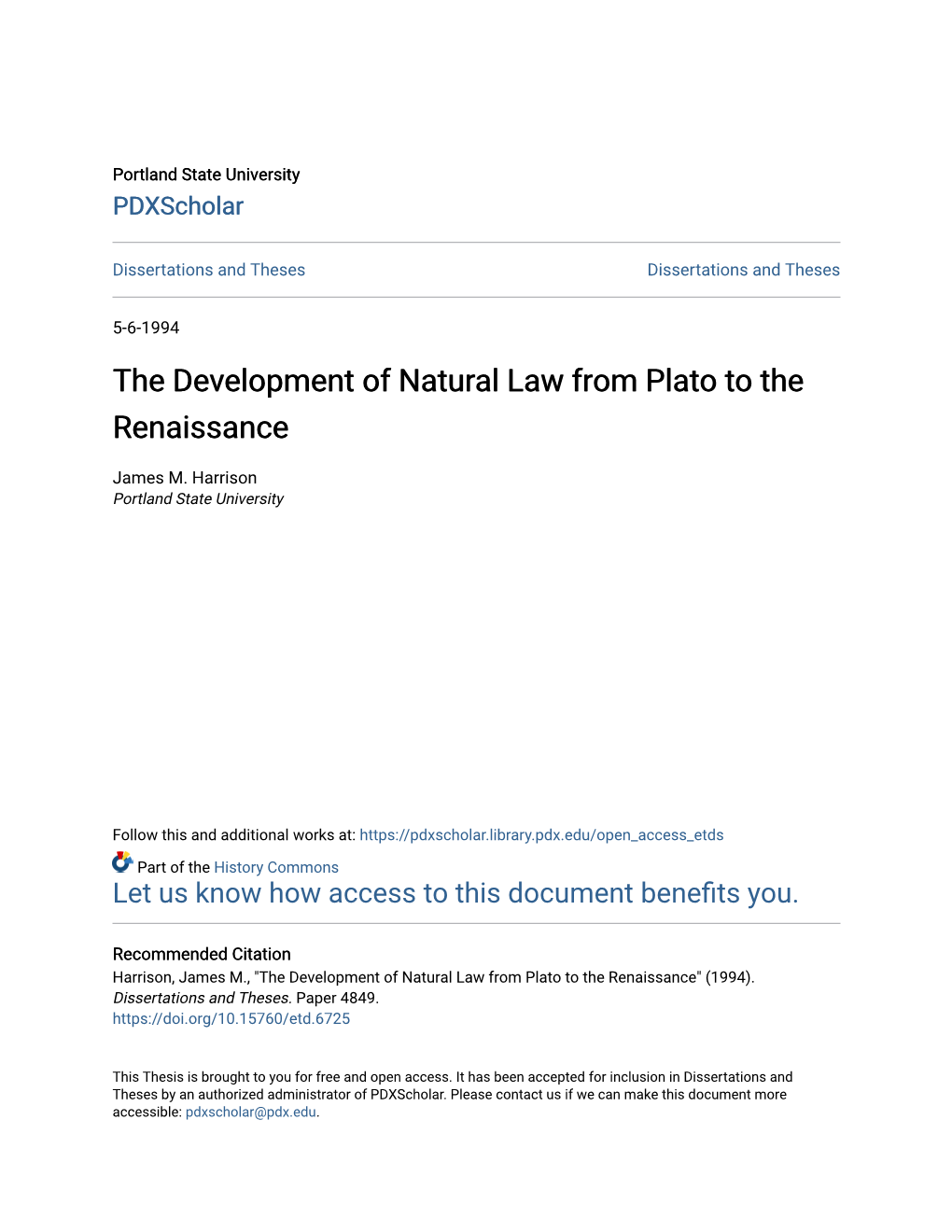 The Development of Natural Law from Plato to the Renaissance