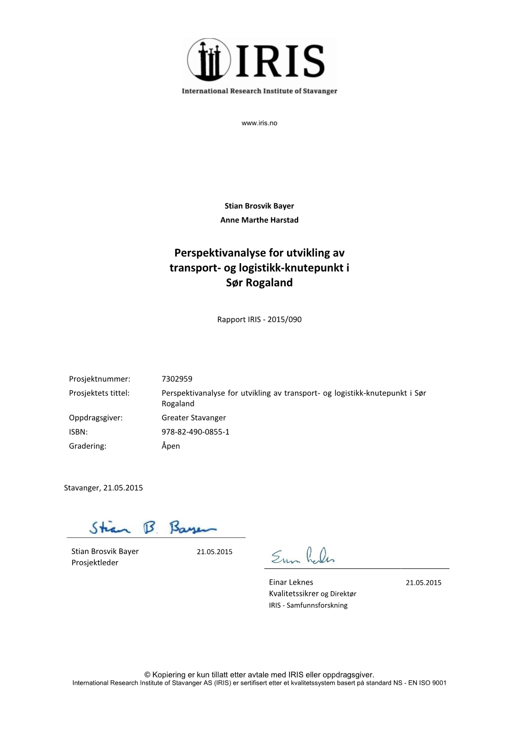 Rapport IRIS 2015-90 Perspektivanalyse Transport Sør