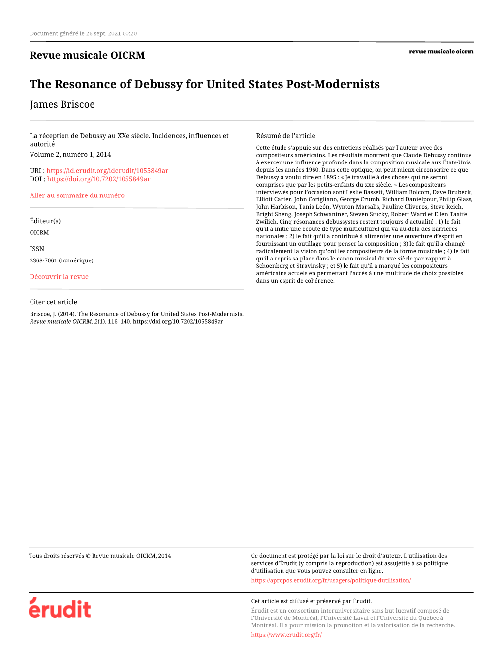 The Resonance of Debussy for United States Post-Modernists James Briscoe