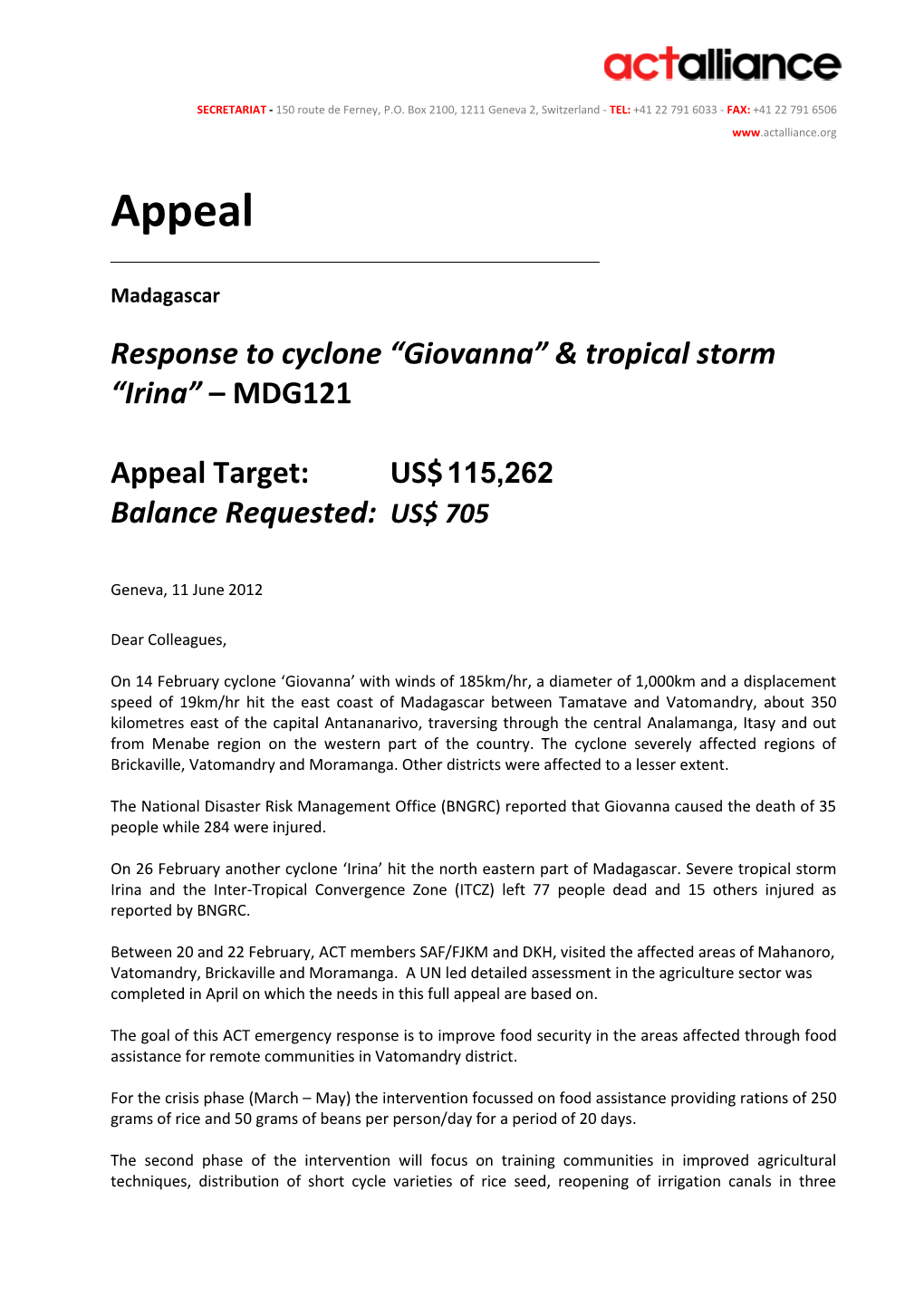 Response to Cyclone “Giovanna” & Tropical Storm