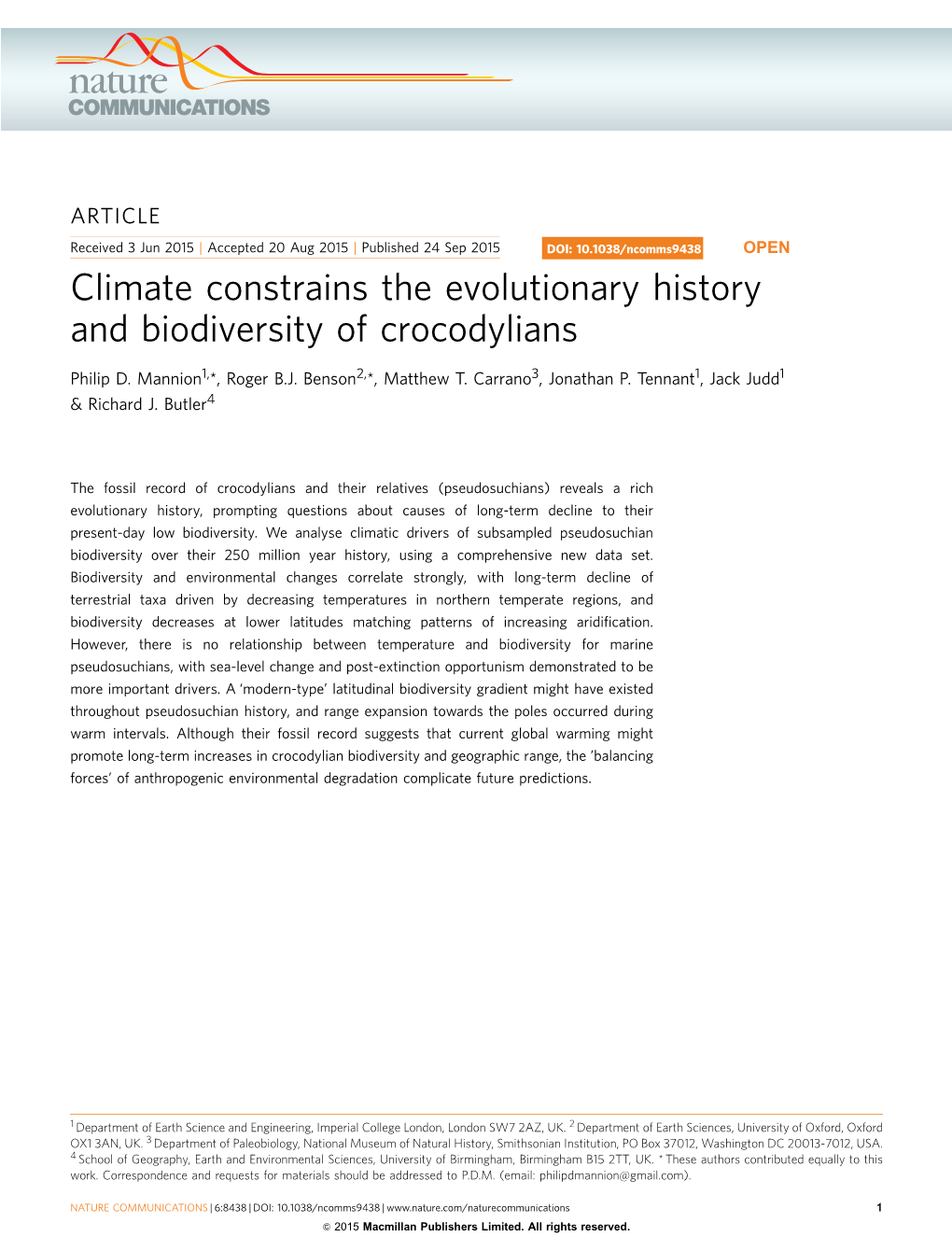 Climate Constrains the Evolutionary History and Biodiversity of Crocodylians